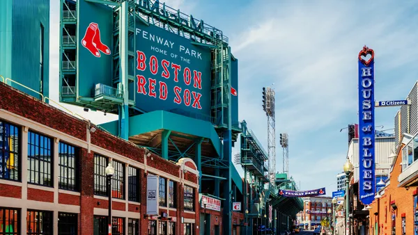 A view of Lansdowne Street and the exterior of Fenway Park.