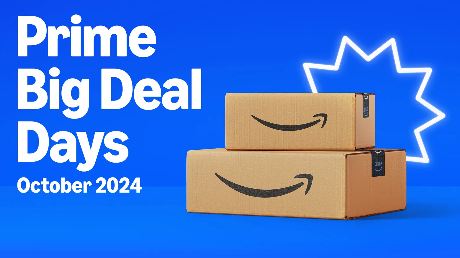 A graphic for Amazon&#x27;s Prime Big Deal Days that features two Amazon shipping boxes stacked on top of each other