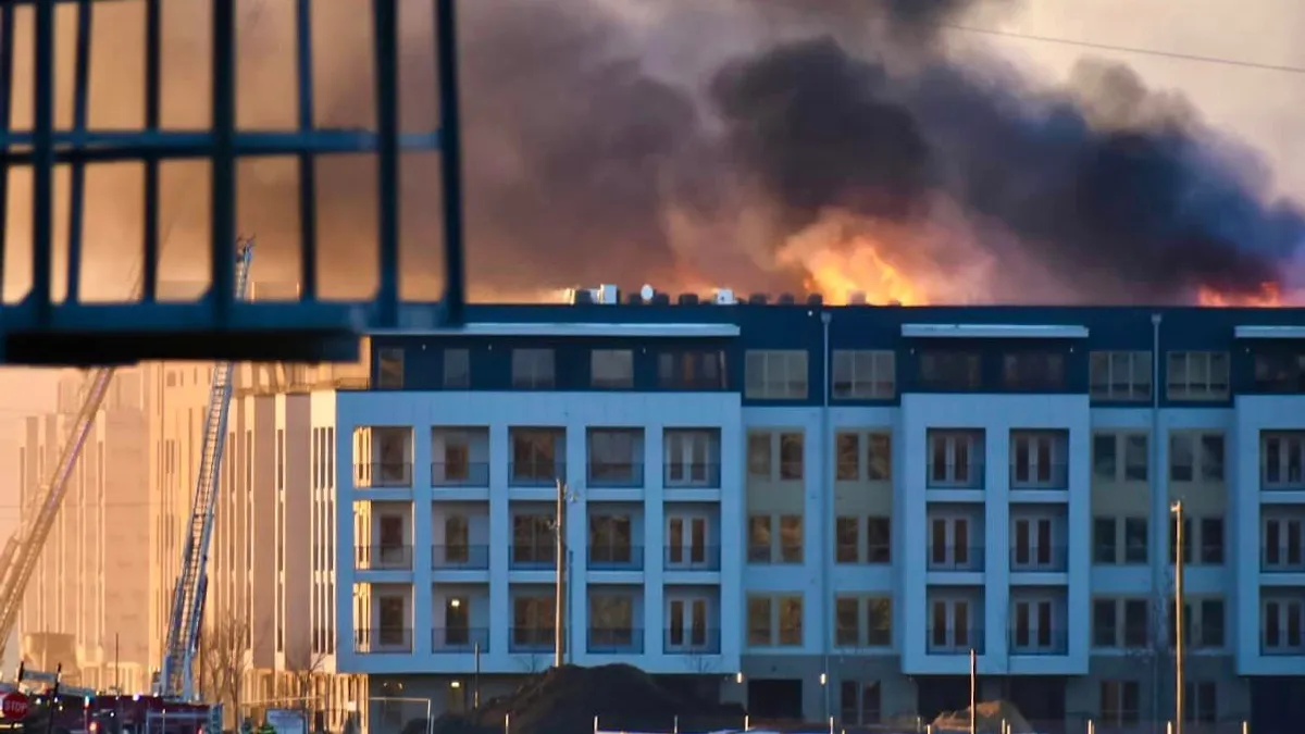 A building burns.