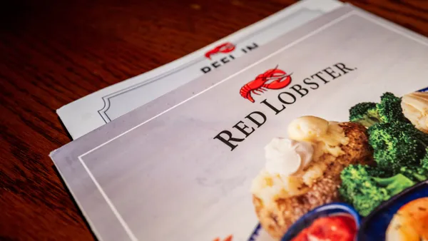 Shot of Red Lobster restaurant menu with picture of seafood