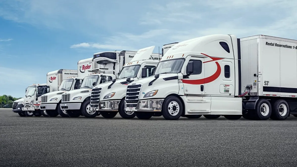 A row of freight trucks and trailers from Ryder System.
