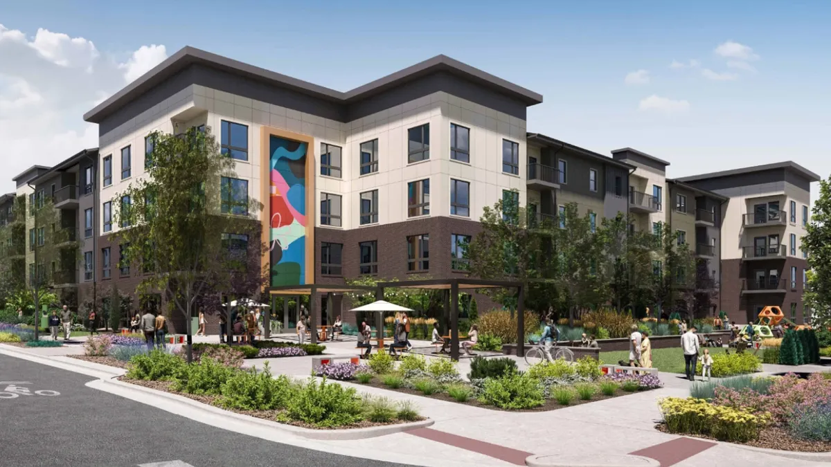 Rendering of a multifamily apartment building with a large colorful mural.