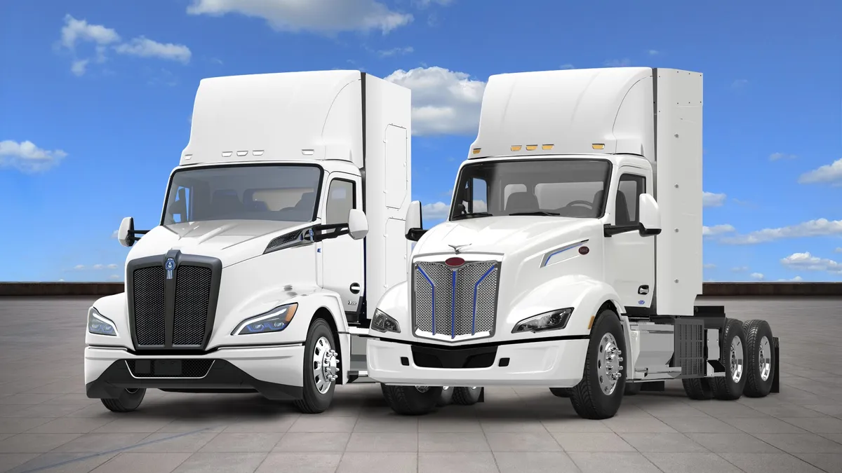 Renderings showing Kenworth T680 and Peterbilt 579 Hydrogen Fuel Cell Trucks, which have initial customer deliveries slated for 2024.