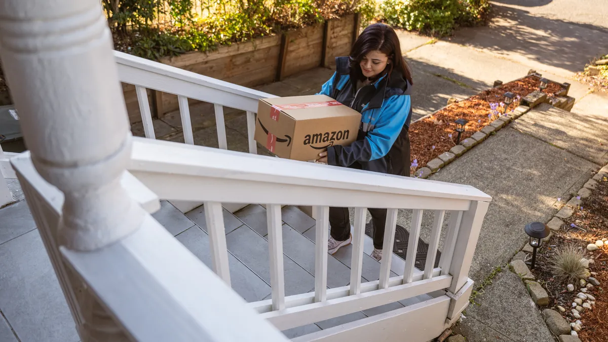 A person with a cardboard box marked "Amazon" going up steps outside.