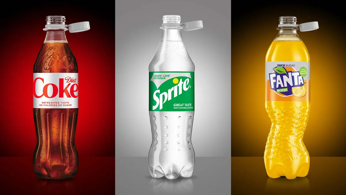 Images of Diet Coke, Sprite and Fanta bottles with tethered caps