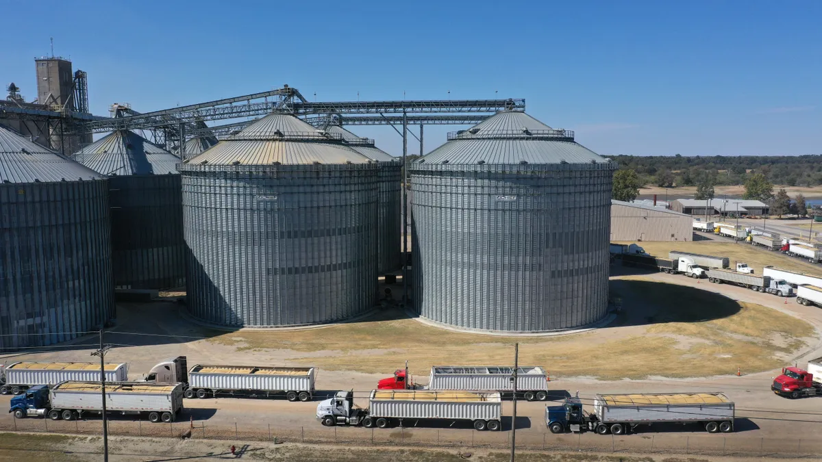 Trucks filled with grain circle an elevator