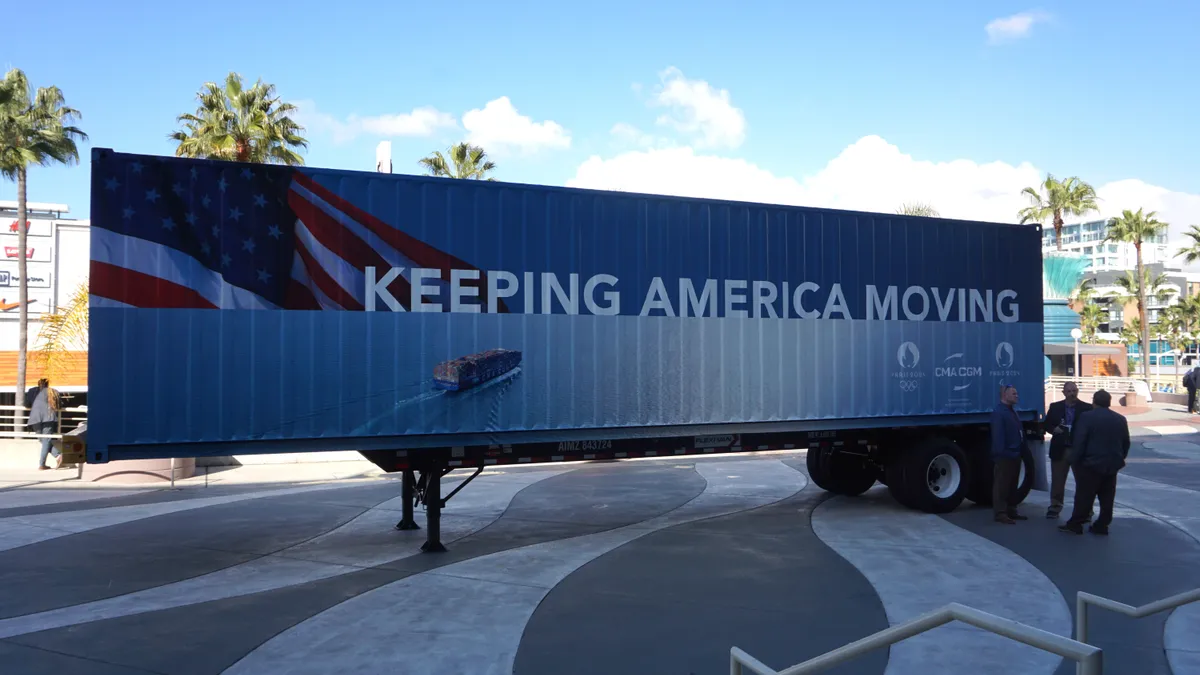 A CMA CGM container with the words "Keep America Moving" displayed at TPM24 by S&P Global in Long Beach, California.