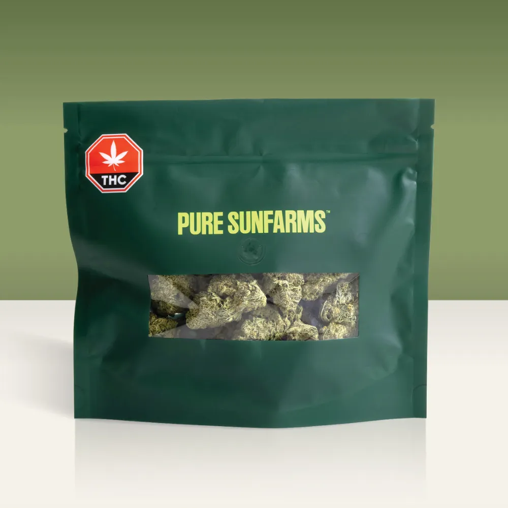 A plastic pouch with a see-through window that has cannbis inside and Pure Sunfarms branding on the outside.