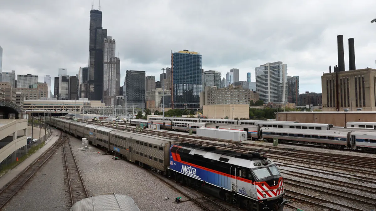 Metra train traveling rails near downtown Chicago, Illinois