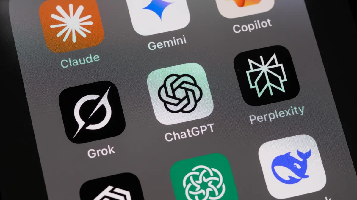 Apple iPhone screen with icons for ChatGPT, DeepSeek, Gemini, Copilot, Grok, Claude and other AI applications.