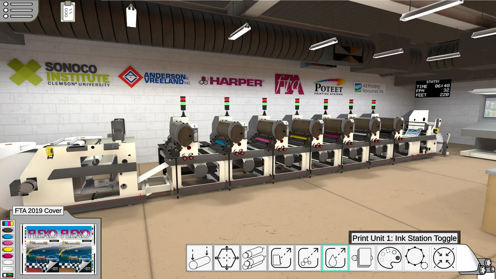 A screengrab from a virtual reality program depicts a narrow web flexography printing press in an industrial setting.