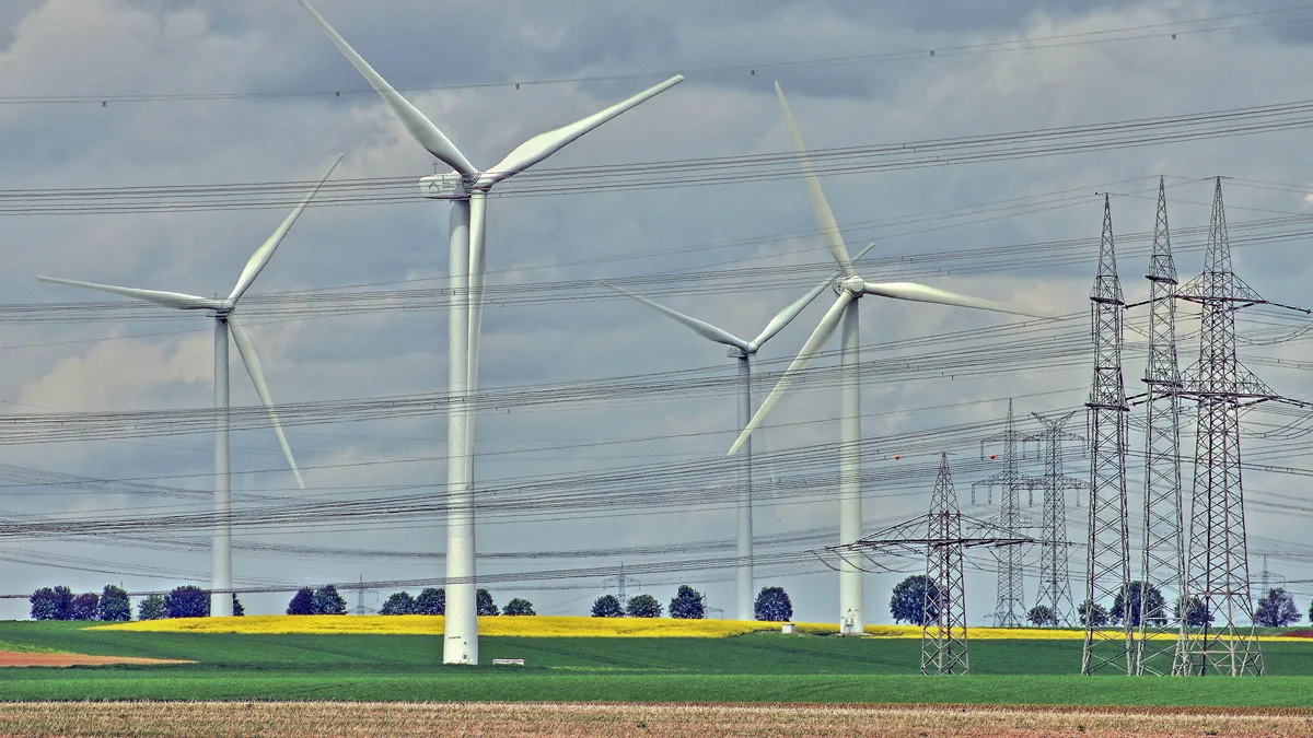 Wind farm with transmission lines.