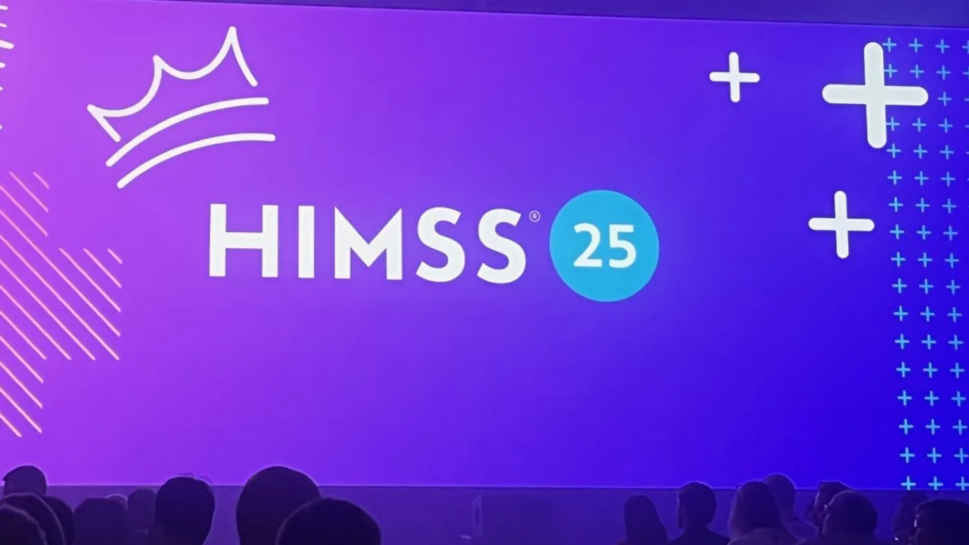 The HIMSS logo is displayed onscreen at the start of the conference in Las Vegas.