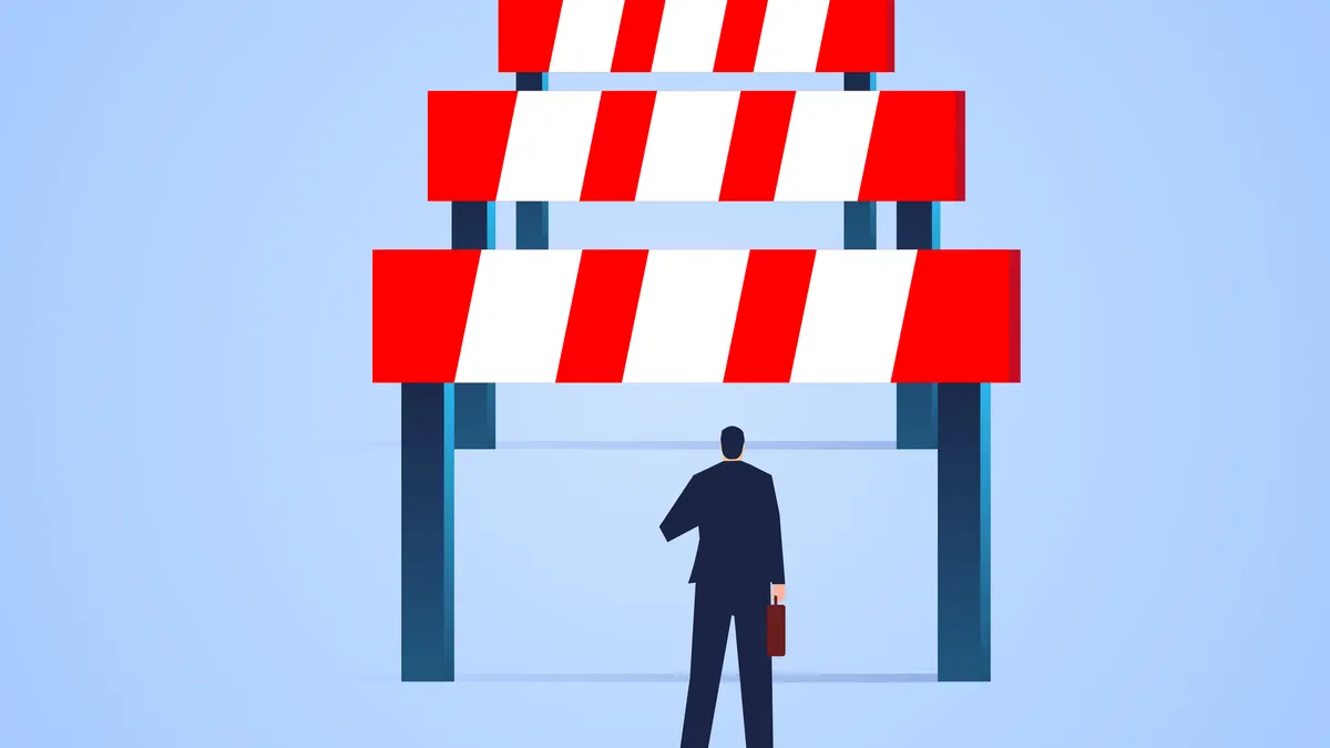 a man in a business suit and briefcase stands in front of 3 extremely high hurdles impossible to jump over