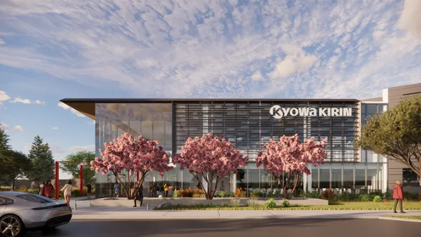 A rendered photo of the outside of Kyowa Kirin's new biologics manufacturing facility in Sanford, North Carolina.