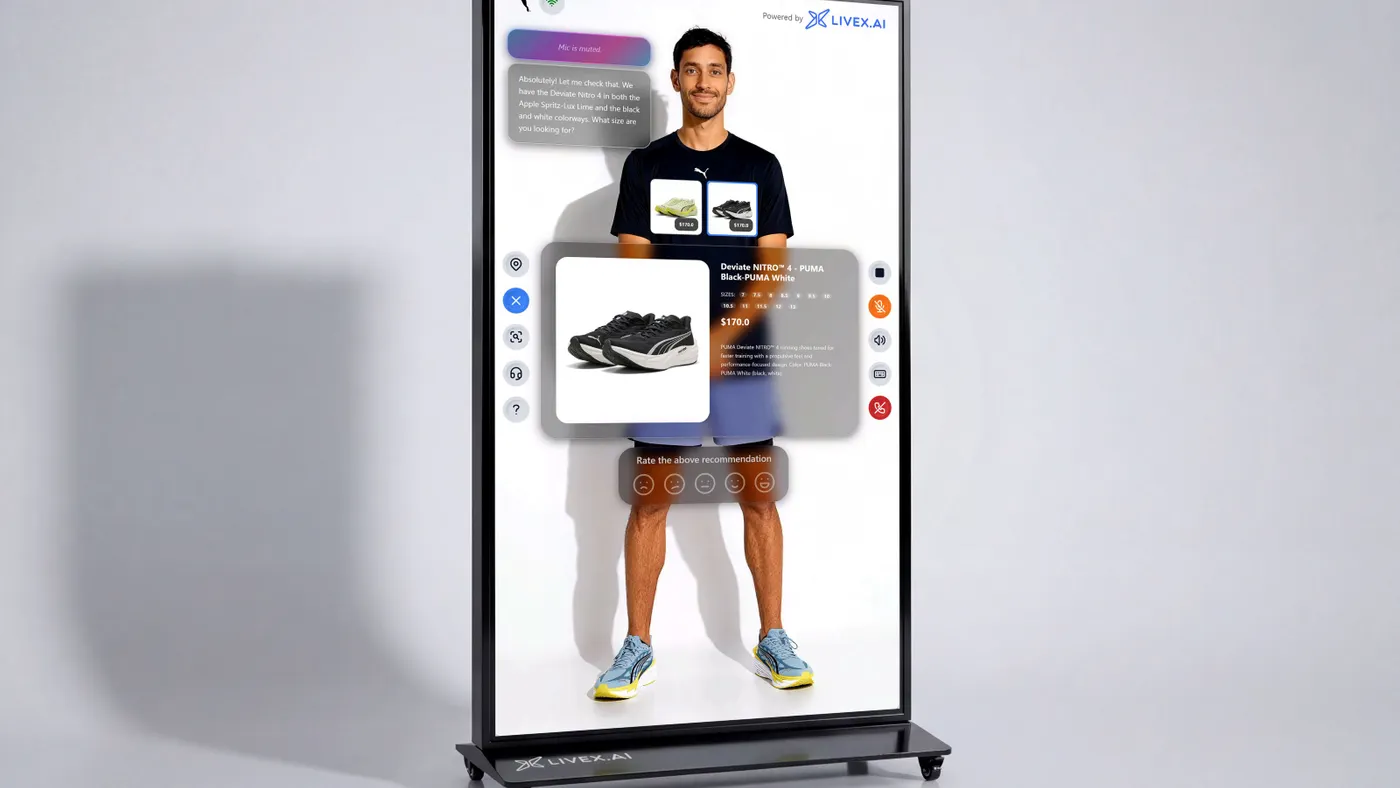 A screen with a person and product images on it.