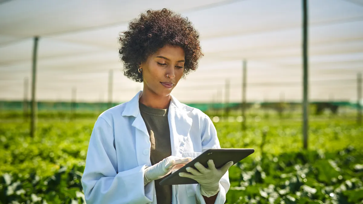 Young scientist using a digital tablet while working with crops on a farm.