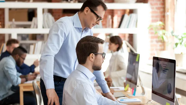 Middle aged mentor helping employee with computer work