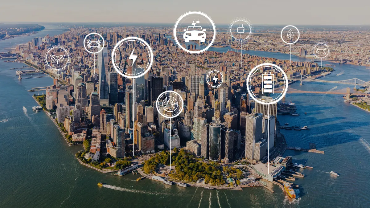 EV with aerial view of Manhattan, NY skyline