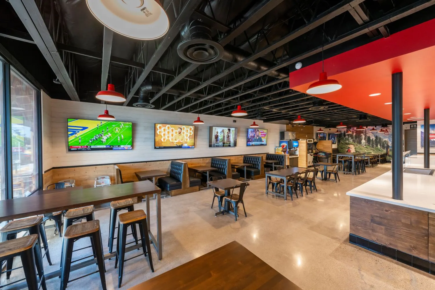 A photograph that shows an empty dining room from Mountain Mike's
