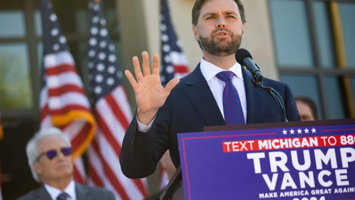 Former vice presidential candidate, U.S. Sen. J.D. Vance (R-OH) speaks during a press conference at the Shelby Township Police Department on August 7, 2024.