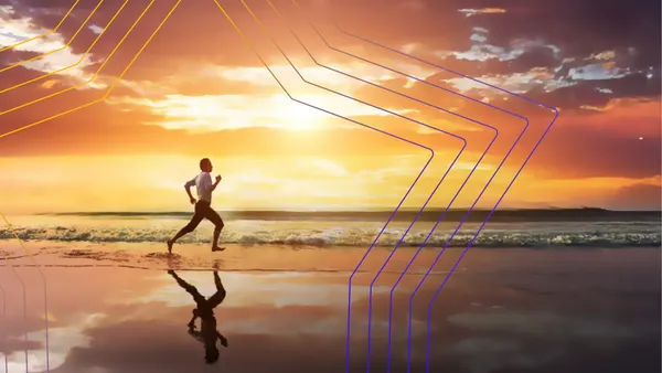 Person running on the beach at sunrise with a graphic star overlaying the image.