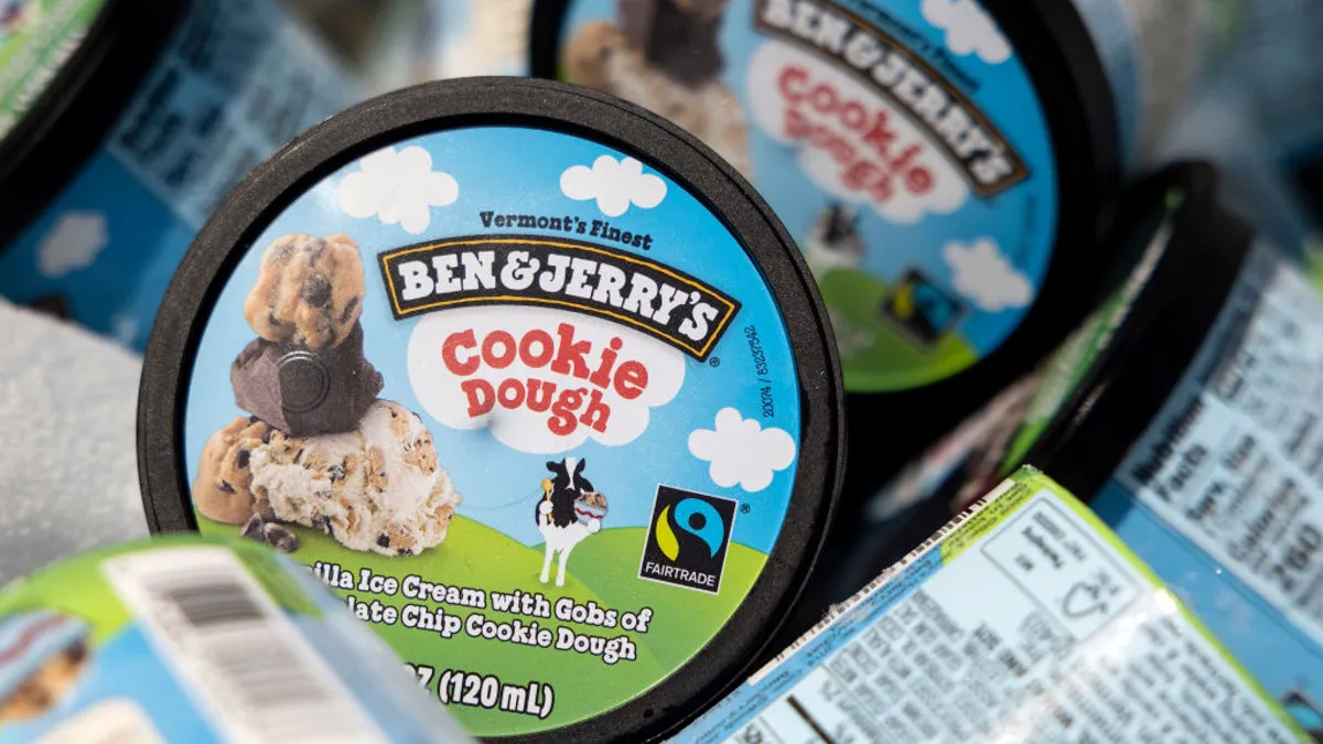 A closeup of Ben and Jerry's ice cream pints.