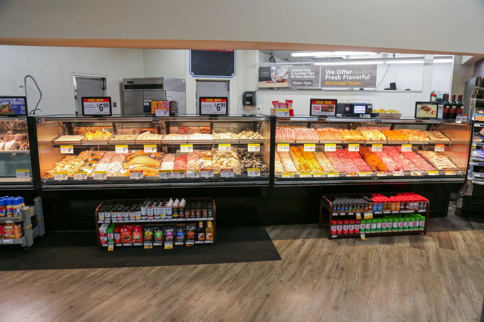Meat and seafood display and counter in a grocery store