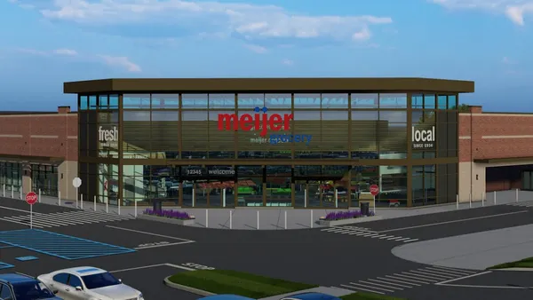 Rendering of a grocery store with a sign that says "Meijer" in red letters over the front door.