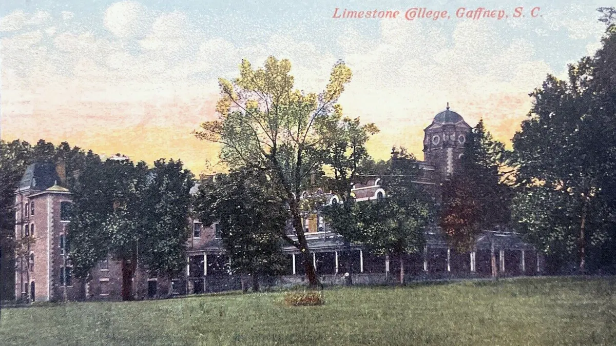 Illustrated postcard of college campus with brick buildings.