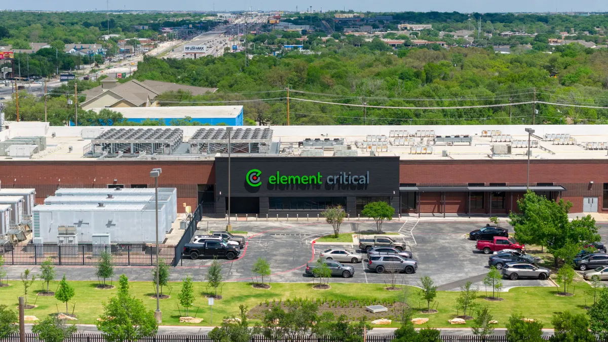 An aerial view of a large building.