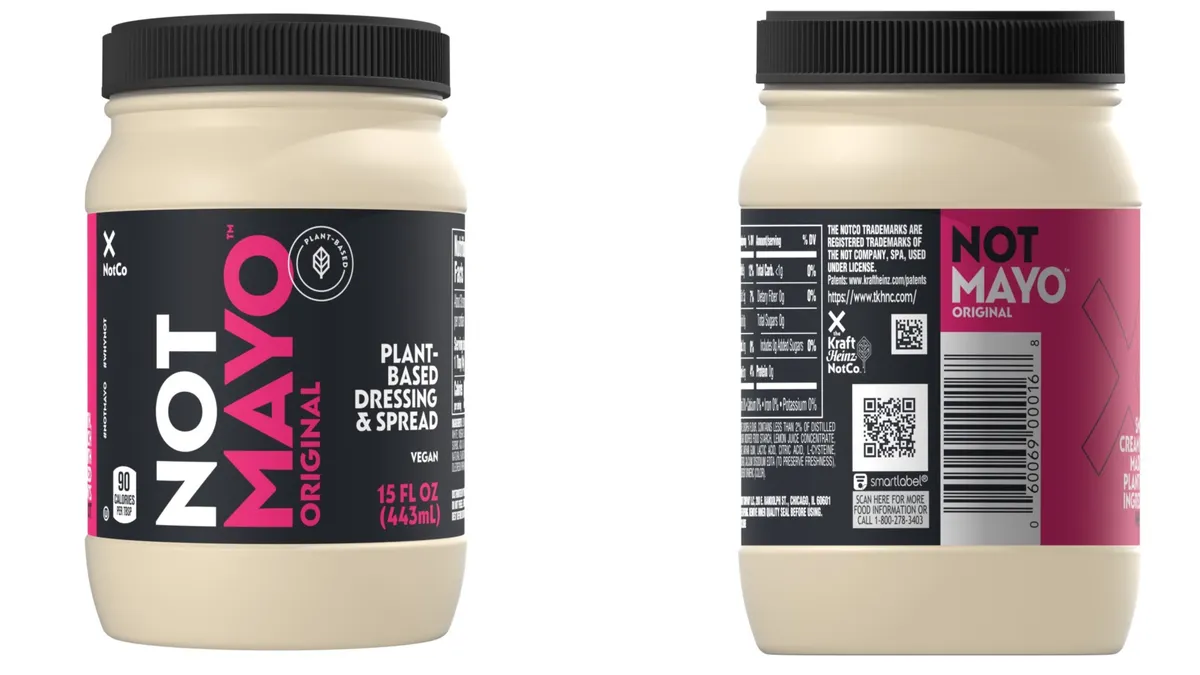 Front and back views of the packaging for NotMayo. It features a mayonnaise jar with a black label and lid, and bold magenta and white lettering.