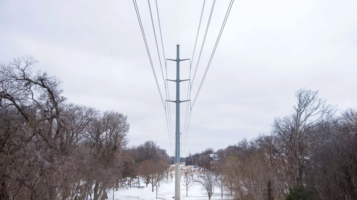 Snow lies on the ground near power lines.