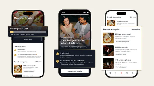 Three images of phones with OpenTable's loyalty program on the screen.