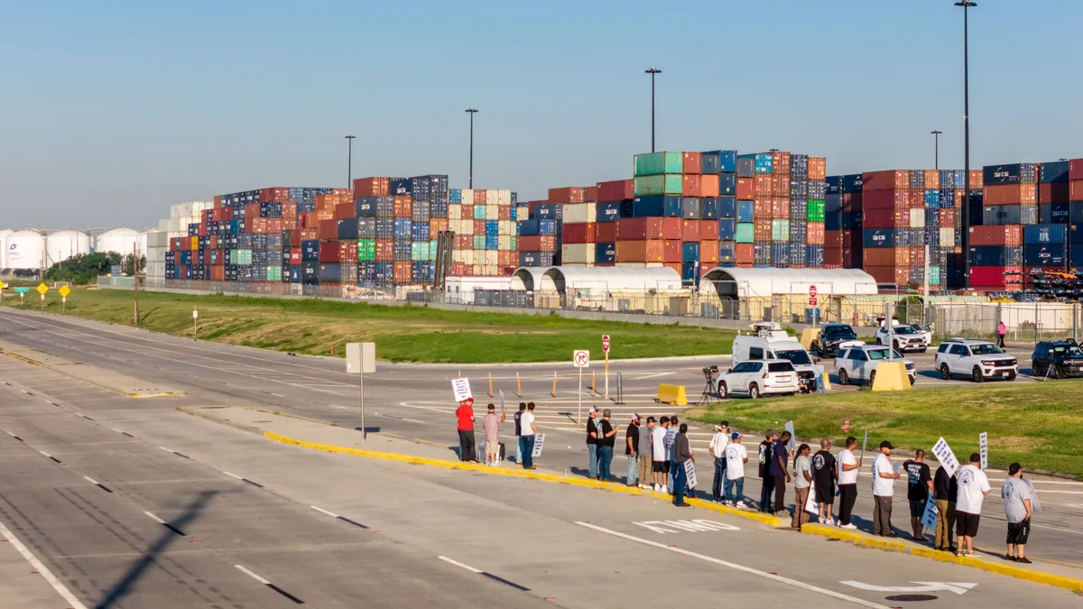 Dockworkers striking at an ocean port.