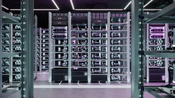 Computer generated image of a working data center with rows of rack Servers.