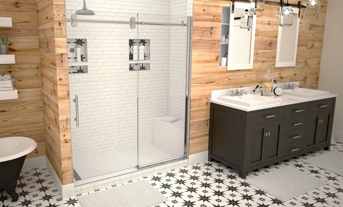 A bathroom with tile shower and luxury wood walls.