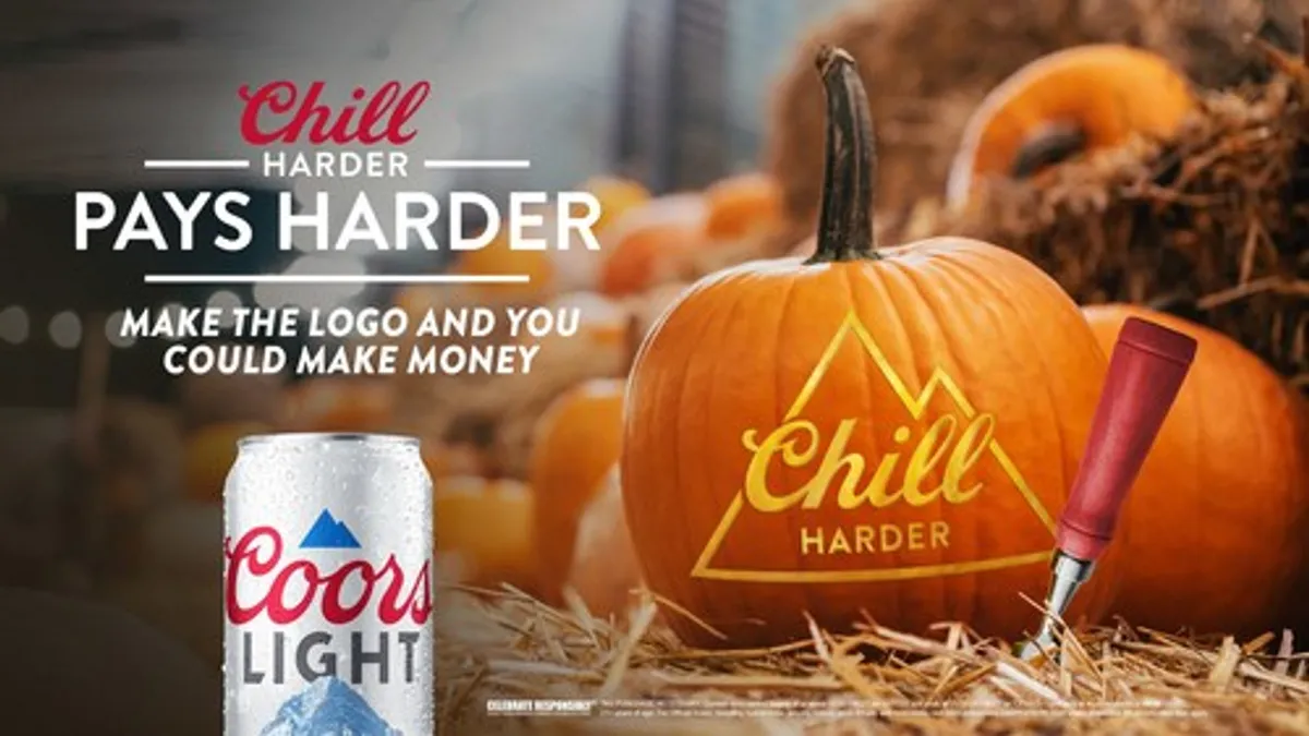 The Coors Light "Chill Harder" logo carved into a pumpkin.