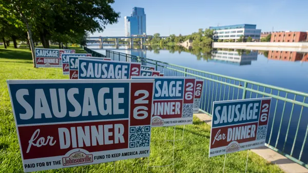 A row of red and blue political-like ad with "Sausage for Dinner" in bold white type.