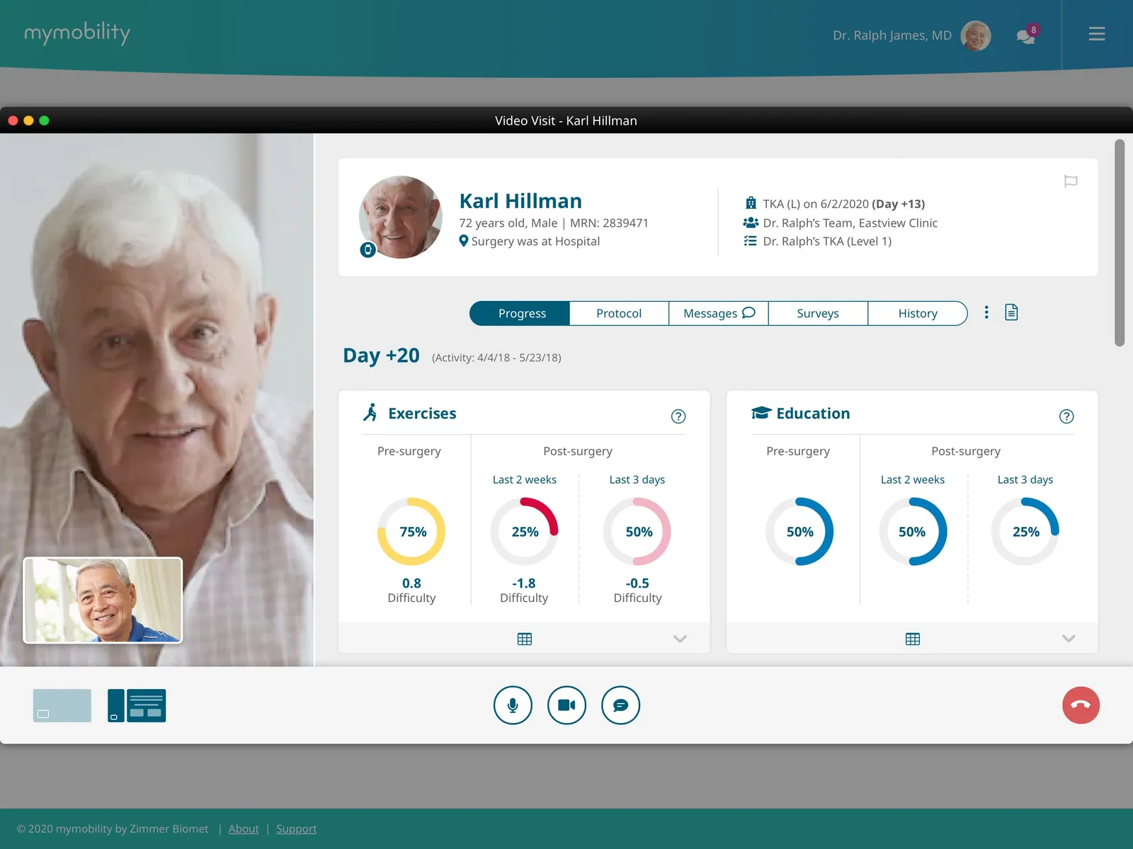 A dashboard shows a patient's exercise and education progress before and after surgery.