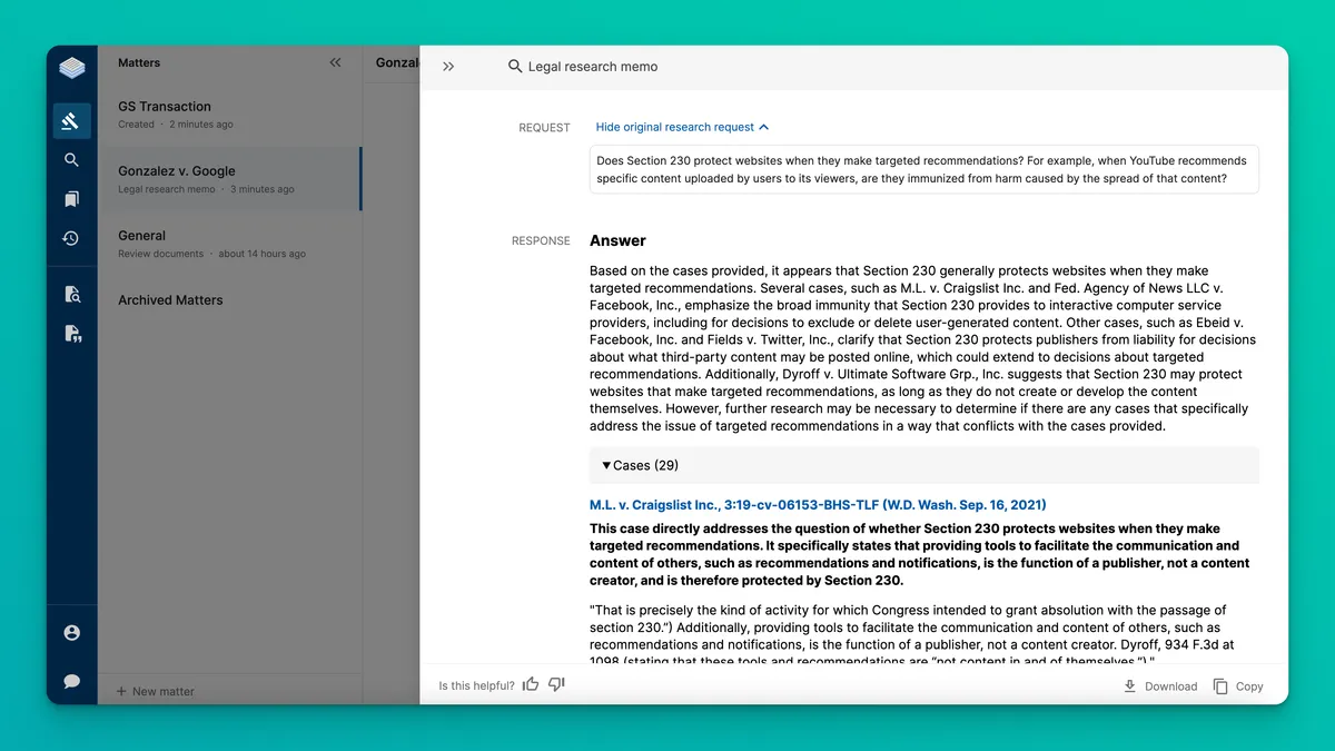 A screenshot of the legal research memo application in CoCounsel, a generative AI-powered legal assistant from Casetext