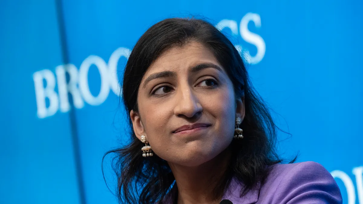 Federal Trade Commission Chair Lina Khan speaks during a discussion on antitrust reforms at the Brookings Institution October 4, 2023 in Washington, DC.