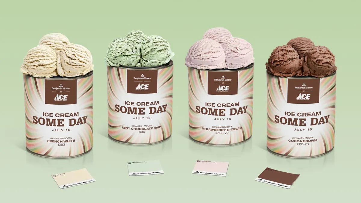 Four pints of ice cream that look like small cans of Benjamin Moore paint, each with a small matching paint chip next to it.