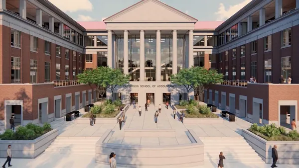 A rendering of an academic building's courtyard.