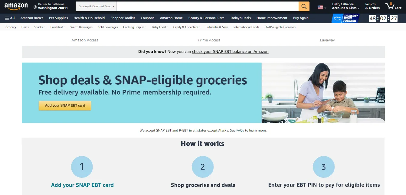 A screenshot of Amazon's website with a banner saying "Shop deals and SNAP-eligible groceries."