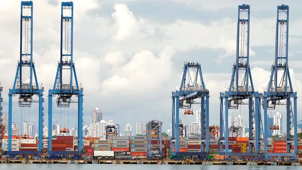 A view of gantry cranes and stacks of containers at the Panama Canal.