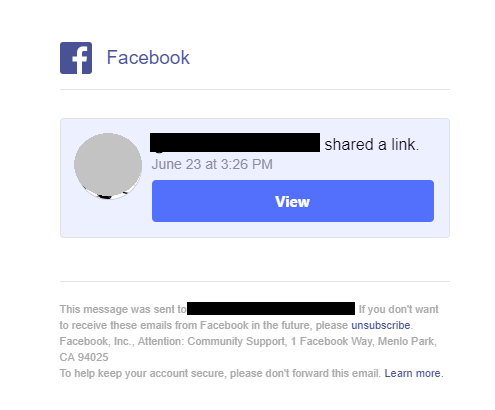 Facebook link notification example