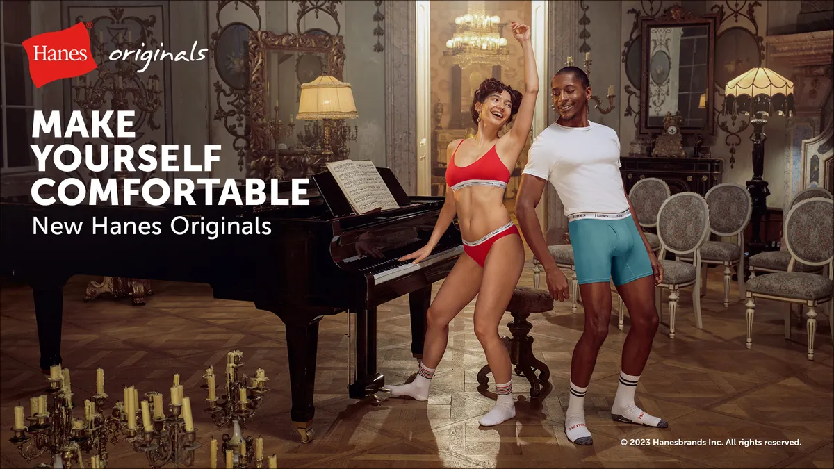 Two people in underwear as part of Hanes' “Make Yourself Comfortable” campaign