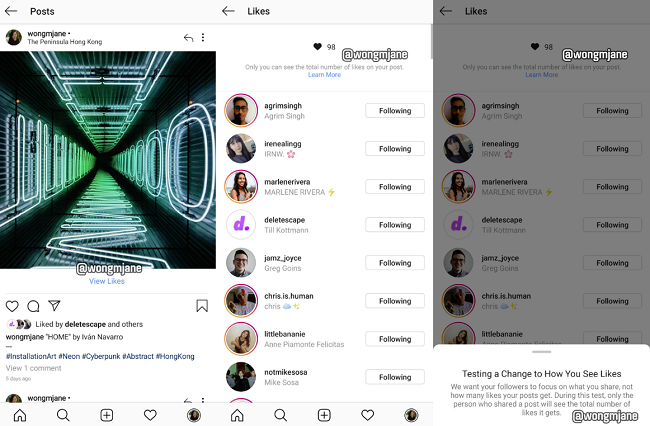 Instagram experiment with like removal (screenshots)