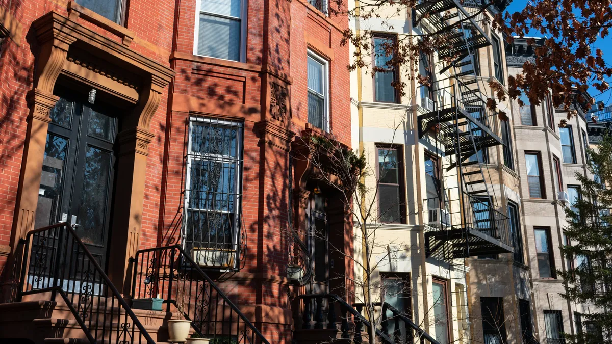 Row of Colorful Old Homes in Prospect Heights Brooklyn New York.